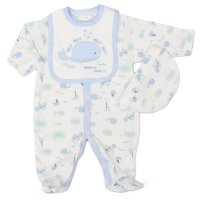 G13093: Baby Boys Sea Adventure 3 Piece All In One, Bib & Hat Set (0-9 Months)